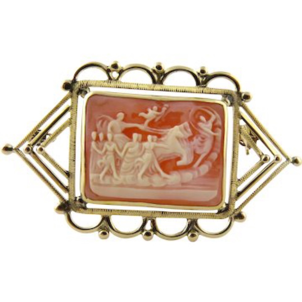 Vintage Pink and White Chariot Cameo with 14K Yellow Handmade Frame Brooch #324